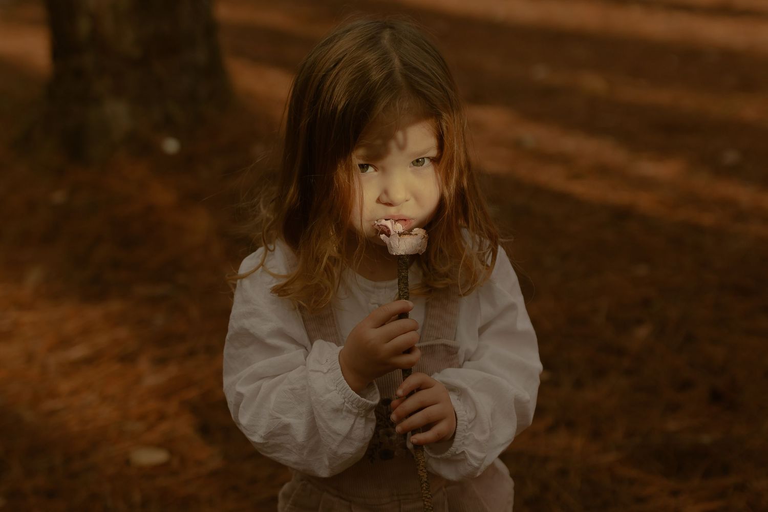 Young girl eating a toasted marshmallow on a stick outdoors.