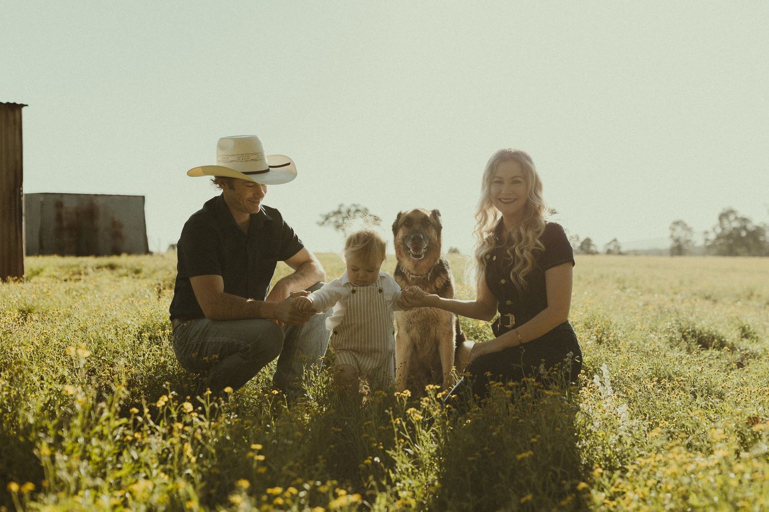 A group of people sit together in a golden field during sunset while enjoying a picnic.