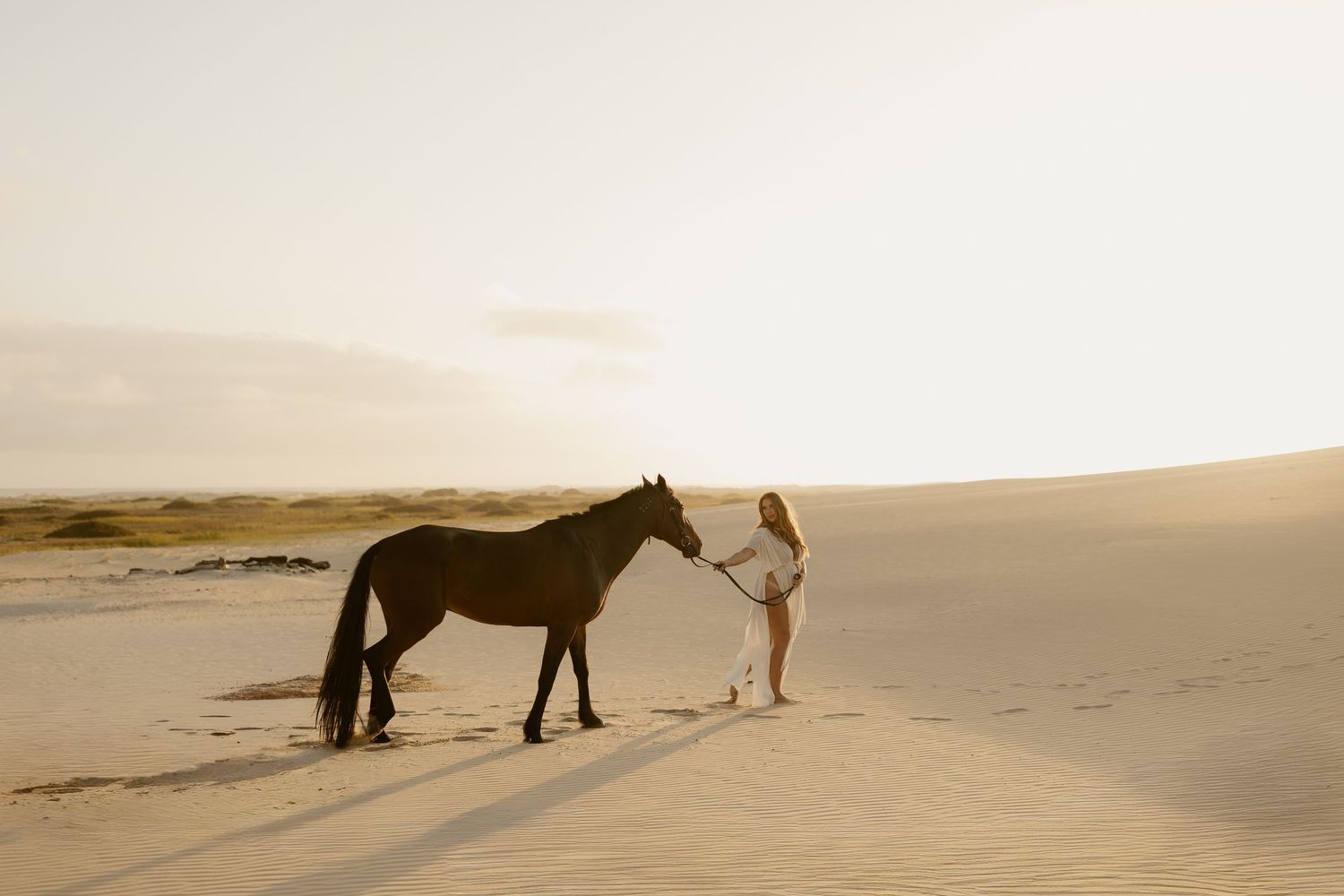 Silhouettes of people and a horse walking along a sandy desert dune at sunset.