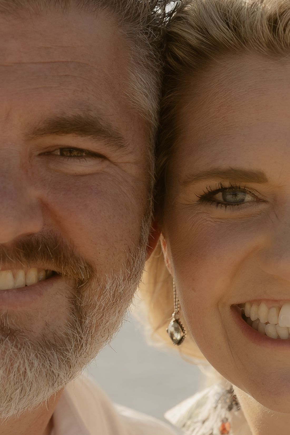 A series of cropped facial close-up photos showing eyes, smiles and facial features in warm lighting.