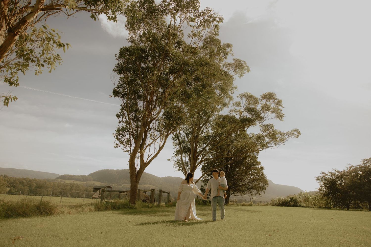 Couple holding hands in a vast green field with tall trees and mountain backdrop.