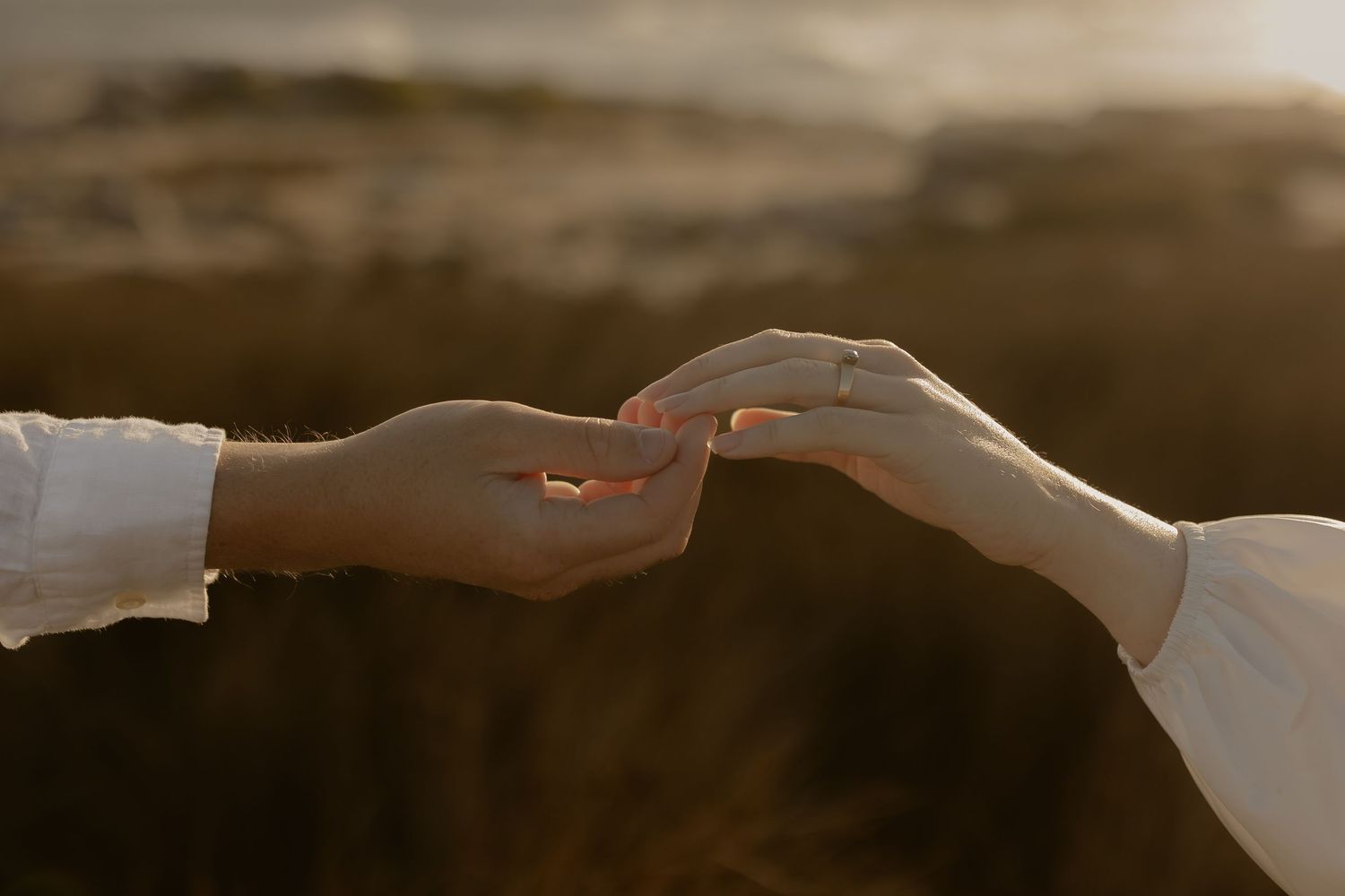 Silhouette of hands reaching towards each other against a warm sunset sky.