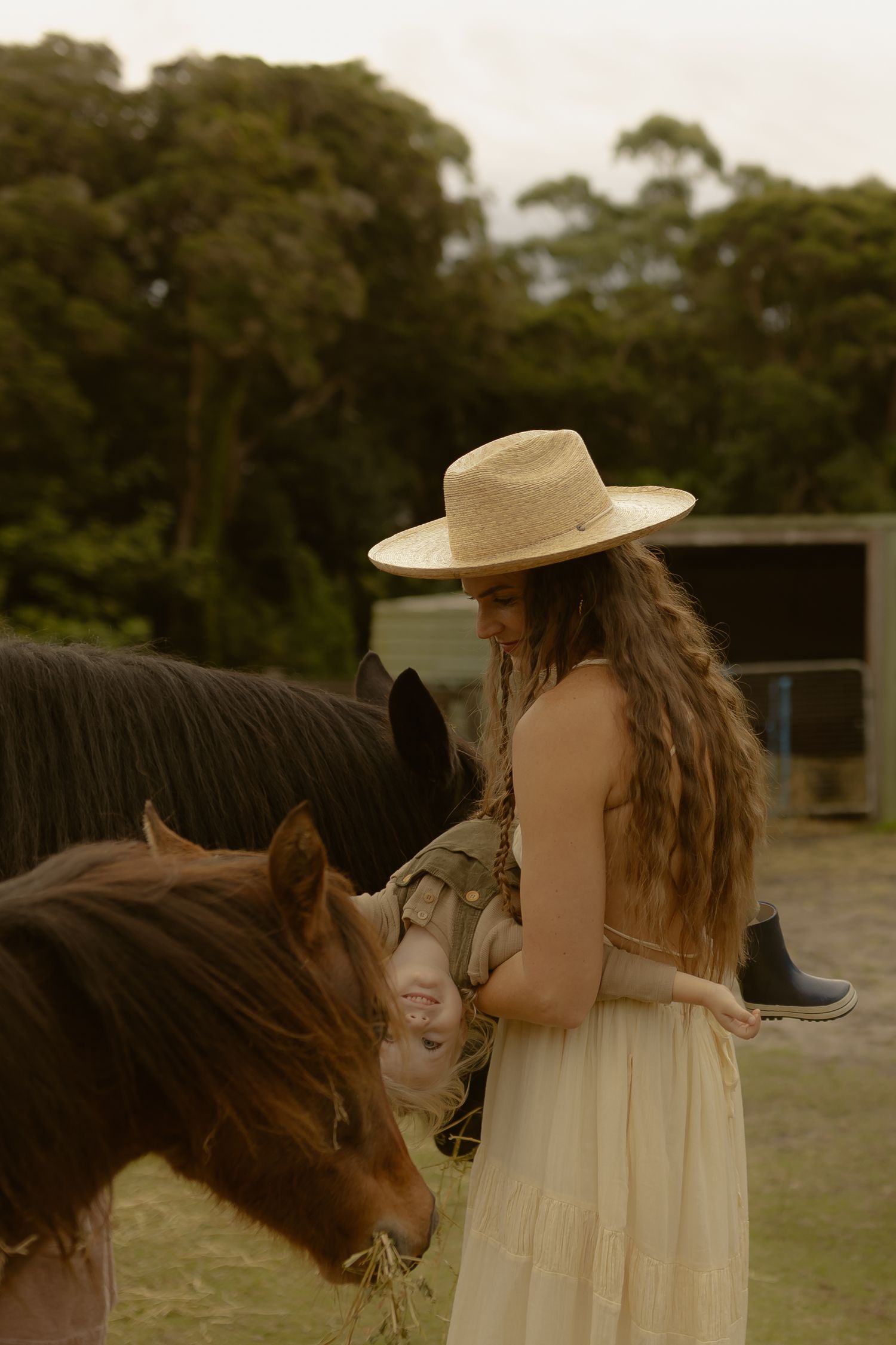 A woman in a straw hat and cream dress feeds horses on a farm with lush trees behind.