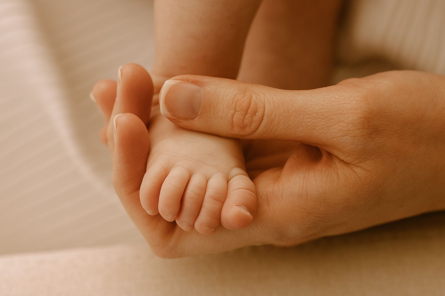 An adult hand gently cradles a tiny baby foot against a soft beige background.