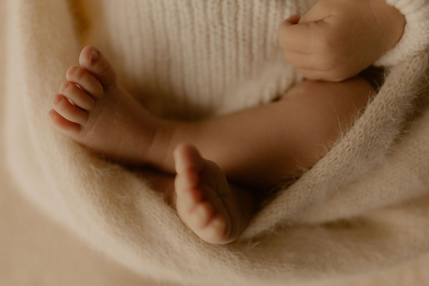 Tiny newborn feet wrapped in soft white blanket against cream colored background.