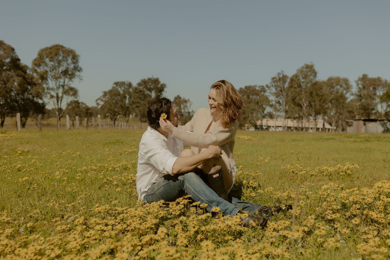 Two people sit together in a golden meadow surrounded by trees during sunset, creating a romantic atmosphere.