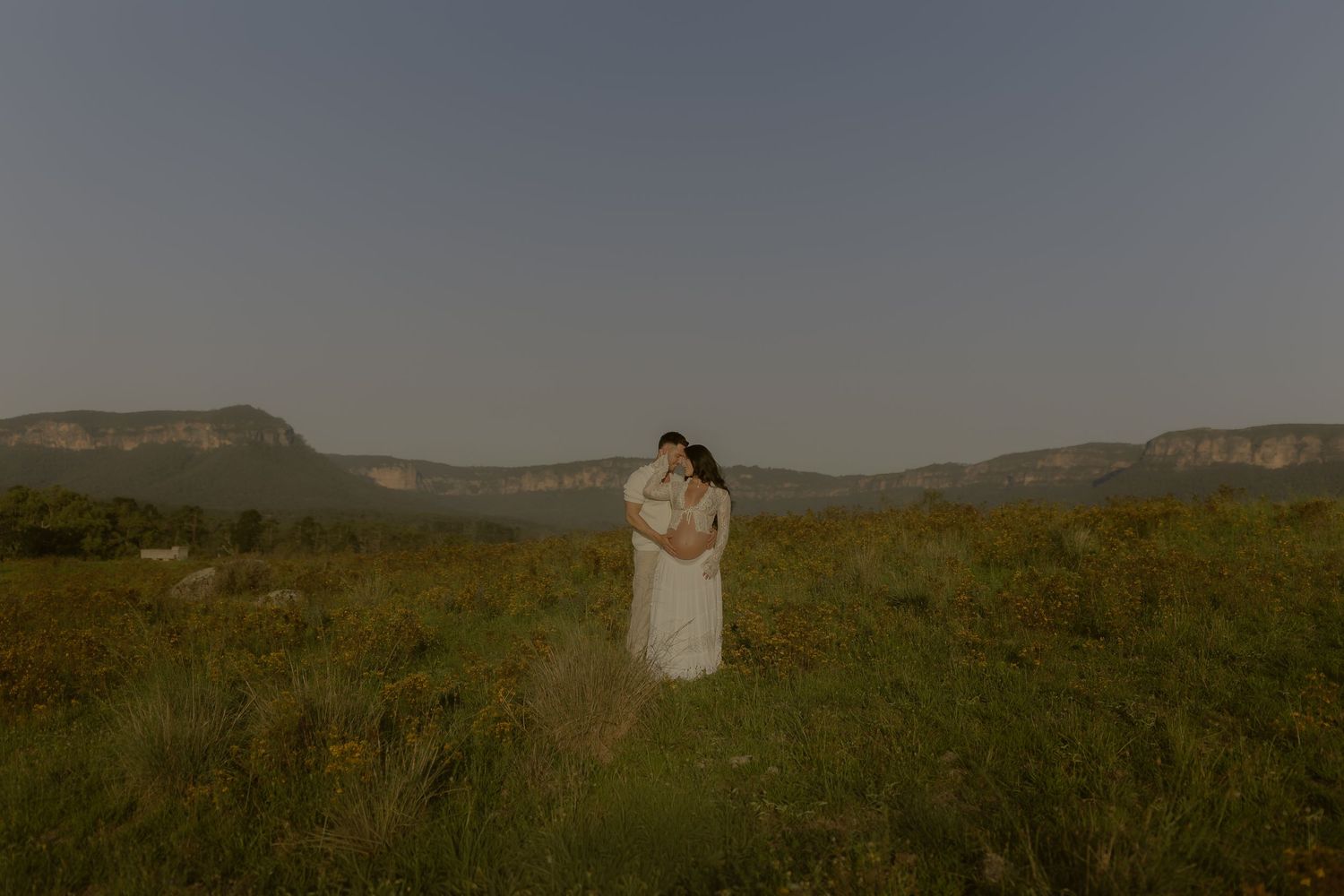 Panoramic view of a couple embracing in a vast meadow with mountains on the horizon.