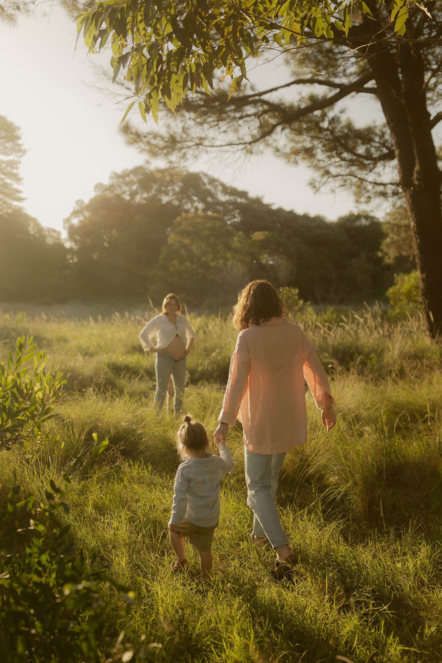 Family walking together through a sunlit field with trees in the background during sunset.