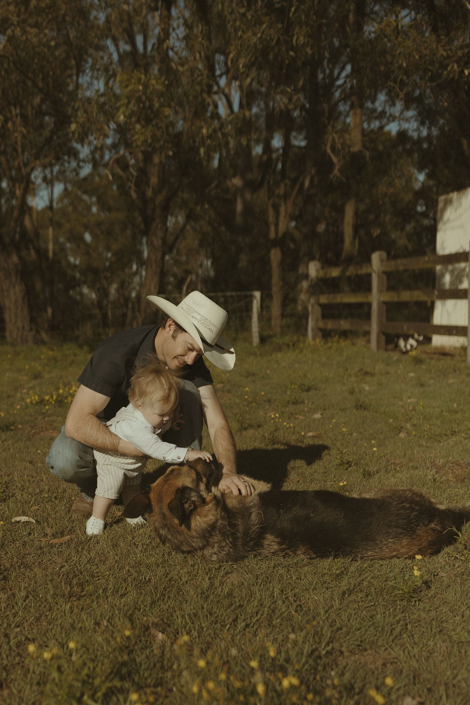 A person in a white hat pets a brown chicken on a grassy field during a sunny day.