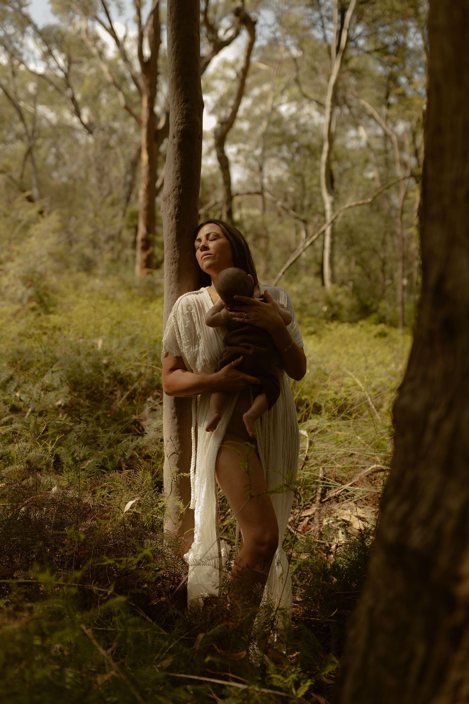 Moody forest scene with figures embracing among tall trees in natural golden light.