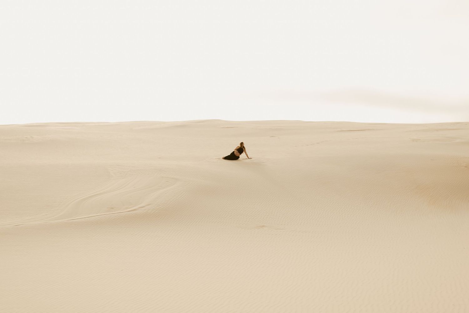 A horse and figure stand silhouetted against a golden desert landscape at sunset.