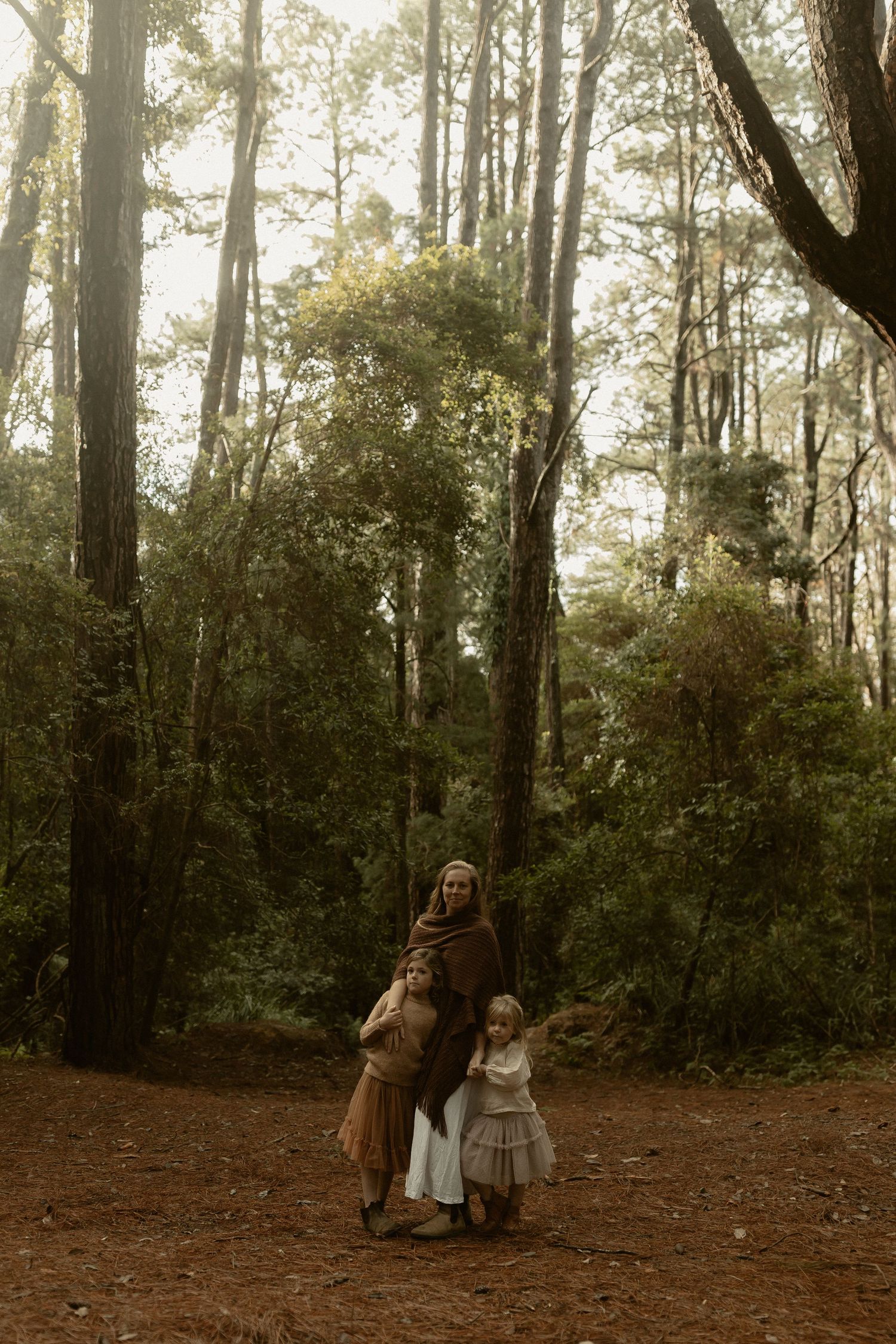 A dreamy forest scene with figures in vintage clothing standing among tall trees in misty lighting.