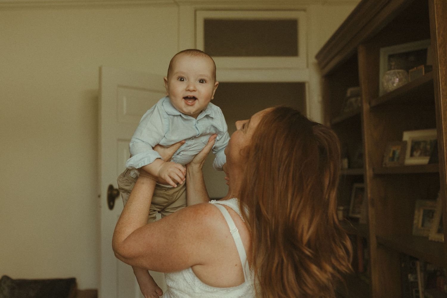 Indoor lifestyle photography sequence showing tender moments in a cozy home setting.