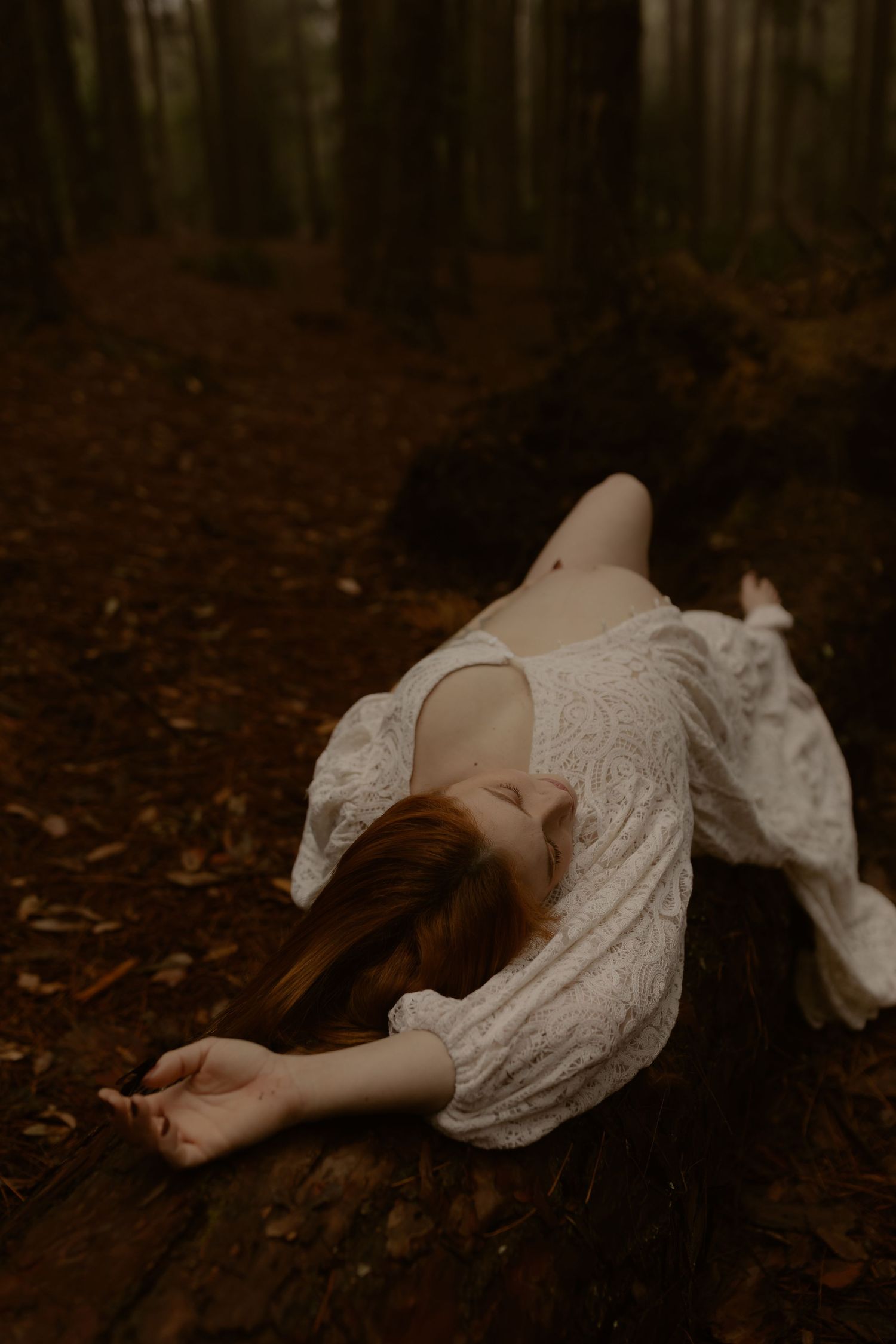 A dreamy scene shows someone reclining on autumn leaves in a white dress among dark forest trees.
