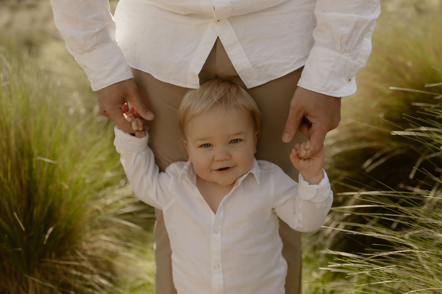 A small child in a white button-down shirt holds hands with an adult while standing in tall grass during golden hour.