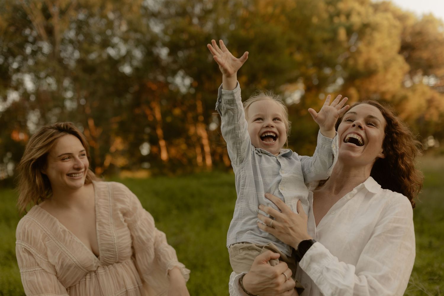 A series of candid moments showing joyful laughter and natural interactions outdoors during golden hour lighting.