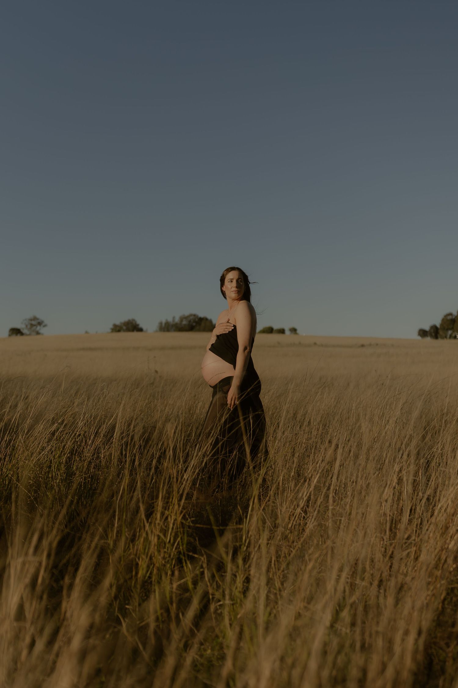 Pregnant woman standing in golden grass field at sunset, wearing dark strapless dress, profile view showing baby bump.