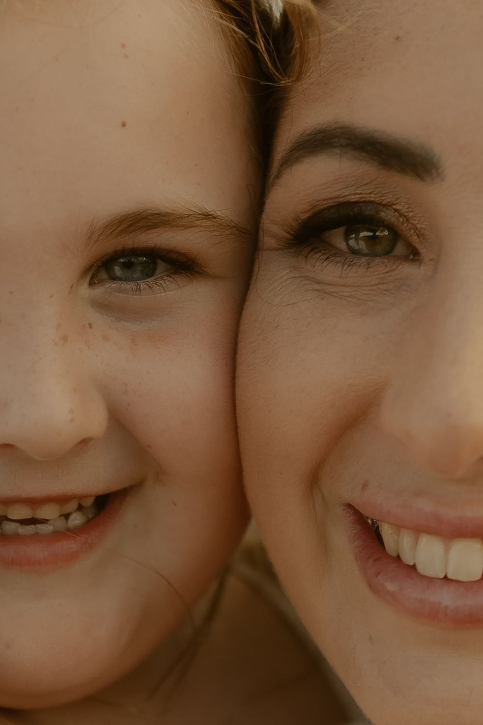 A series of close-up cropped photos showing smiling expressions and partial facial features in warm lighting.