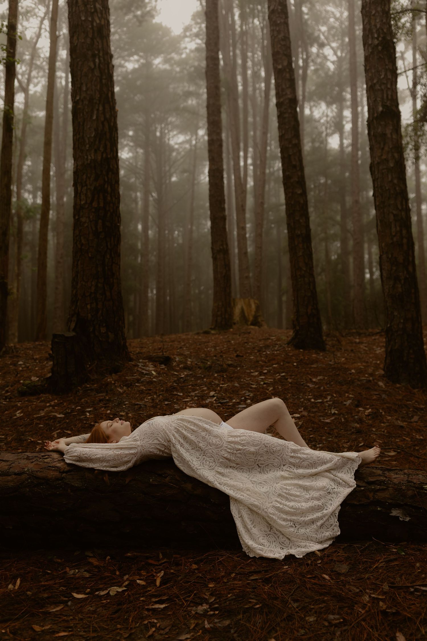 A white lace dress lies gracefully on the forest floor surrounded by tall trees in moody lighting.