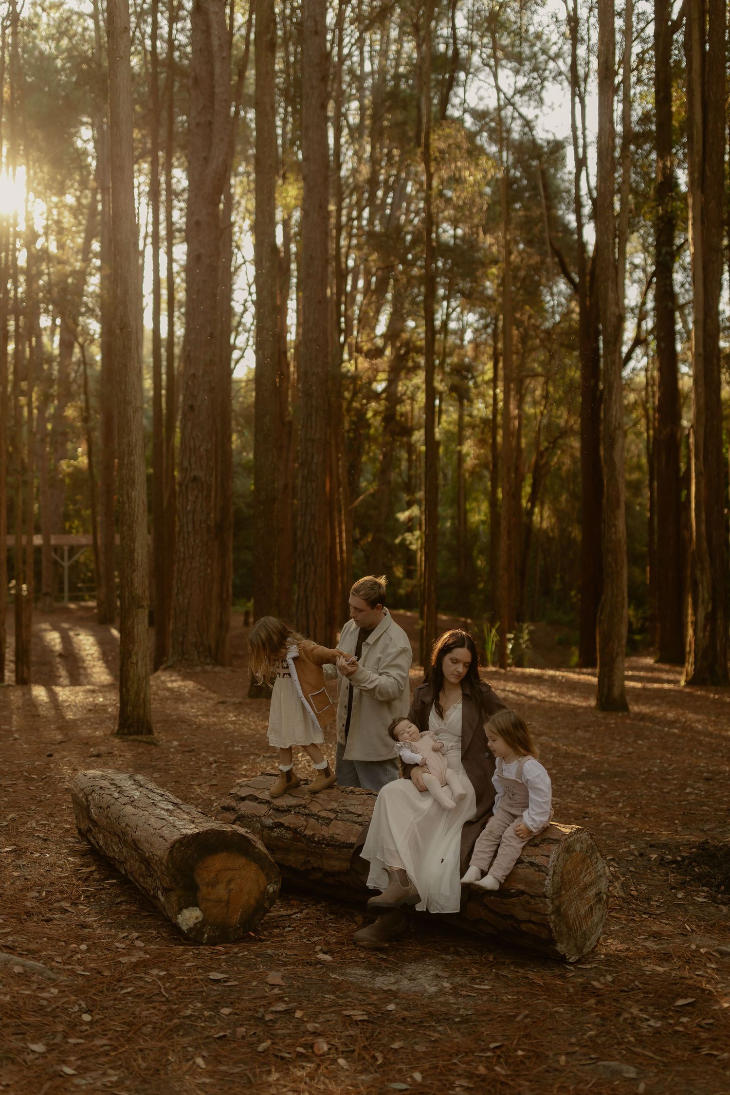 Family sits on fallen log in golden sunlit forest with newborn and two children.