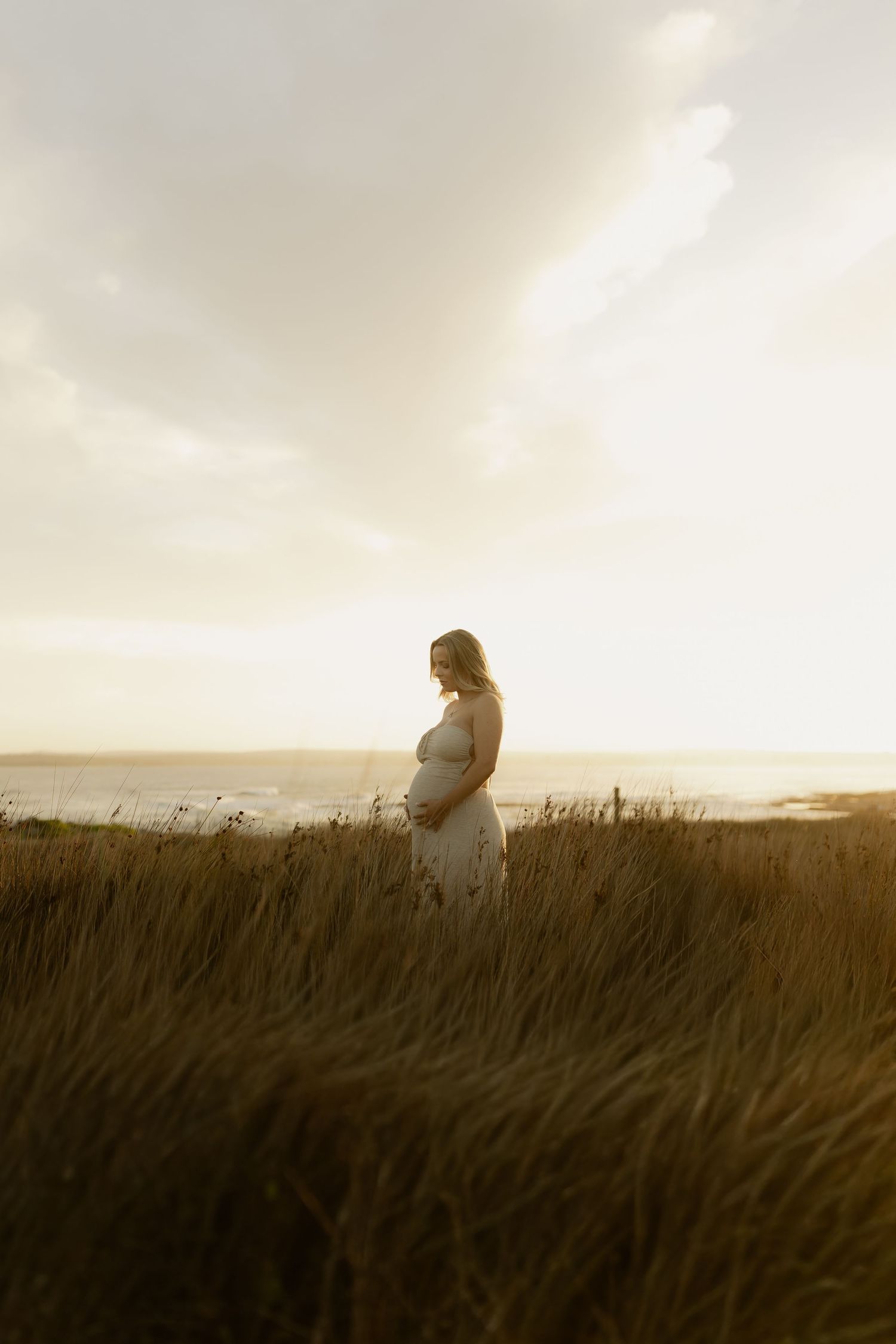 Silhouette of a couple embracing in tall grass during golden hour.