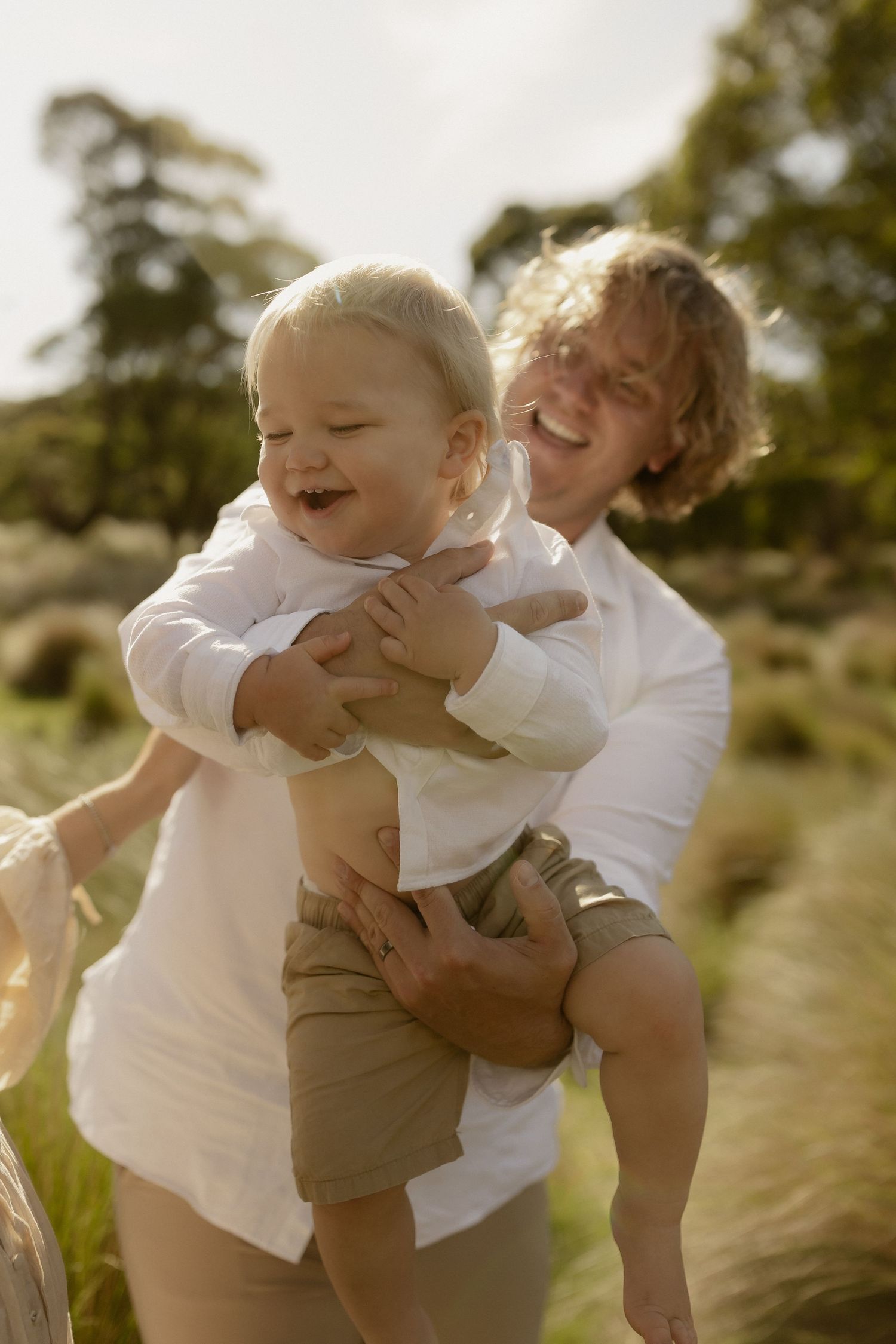 A playful sequence of photos showing joyful moments between two people in a sunny outdoor setting.