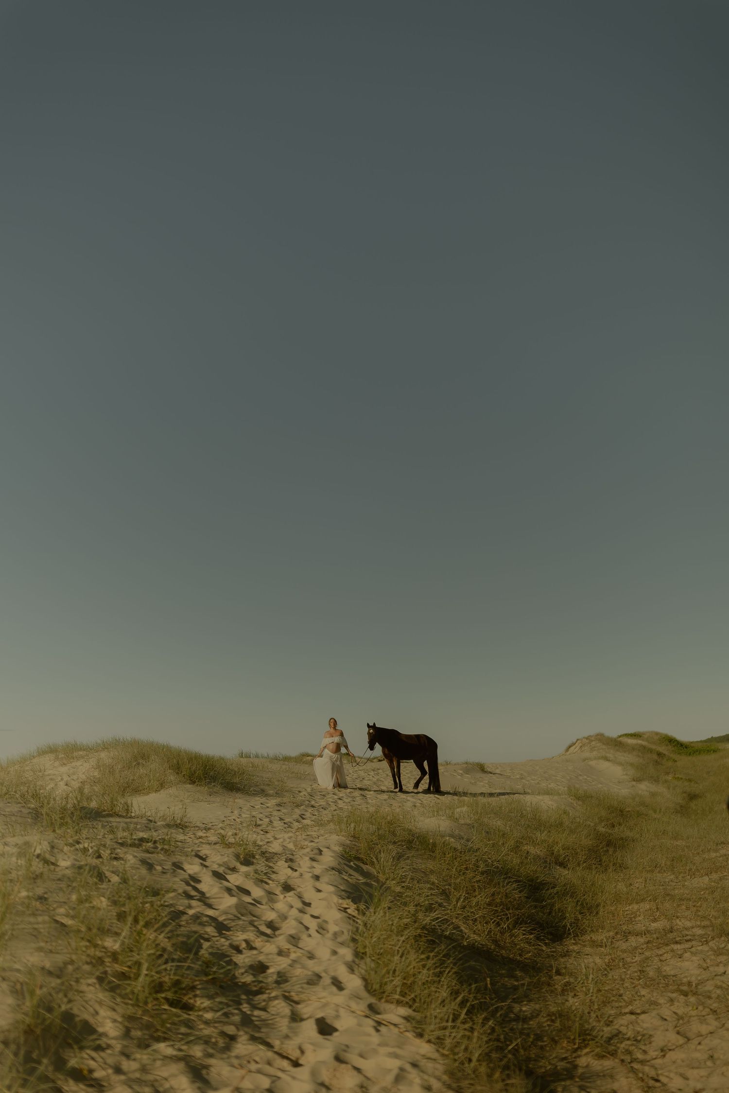A woman in a flowing dress leads a dark horse along sandy dunes under a clear twilight sky.