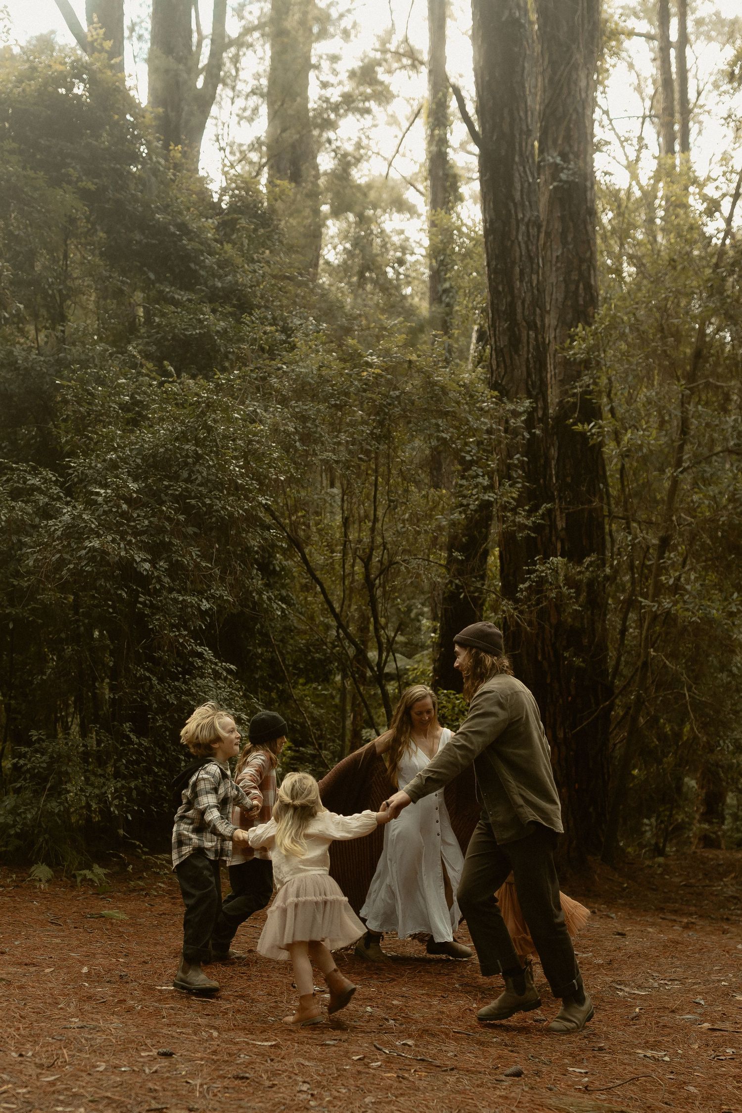 Dancing and playing together in a misty forest clearing during golden hour.