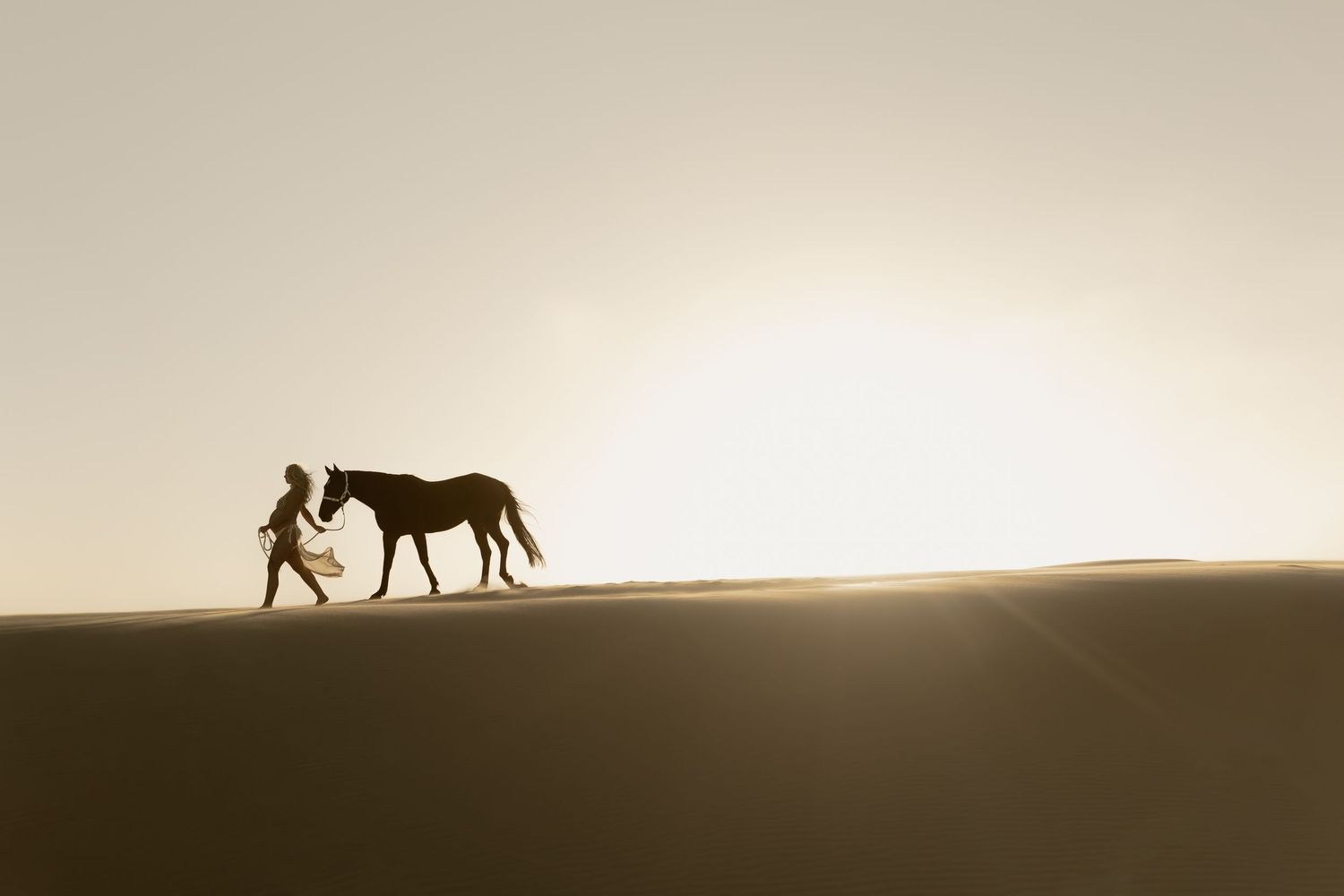 Silhouette of a person leading a horse across golden sand dunes at sunset in a serene desert landscape.