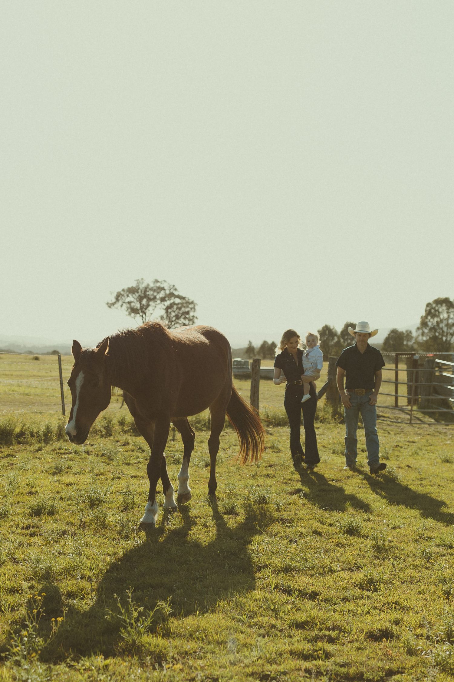 Silhouettes of people and a horse against a sunset on a farm.