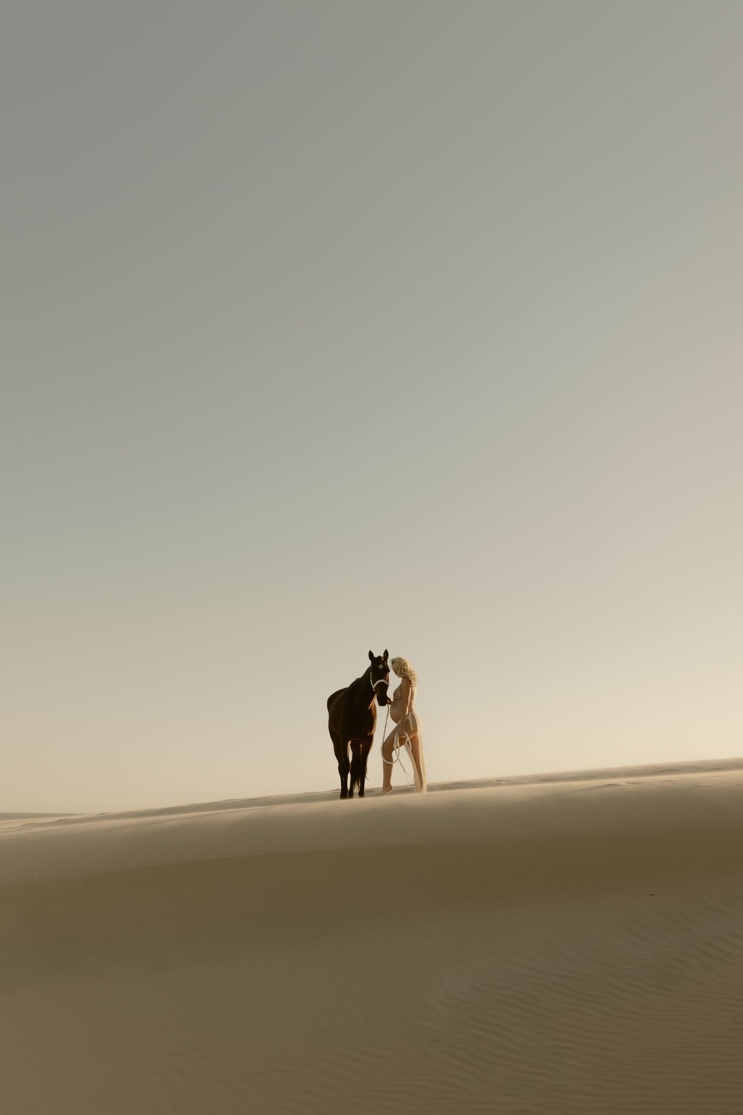 A person stands with a dark horse on a vast sandy desert dune under a soft, hazy sky at dusk.