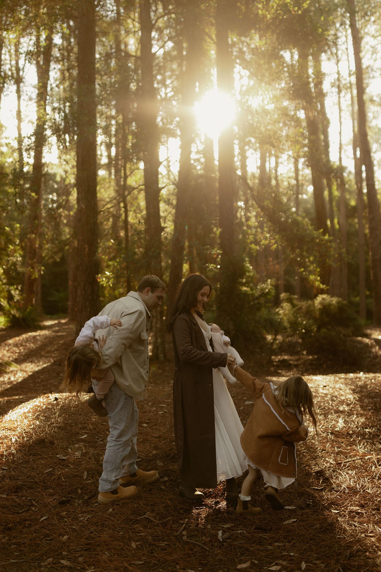 Family of four enjoying a golden sunset in a pine forest, with parents and children playing among sun-dappled trees.