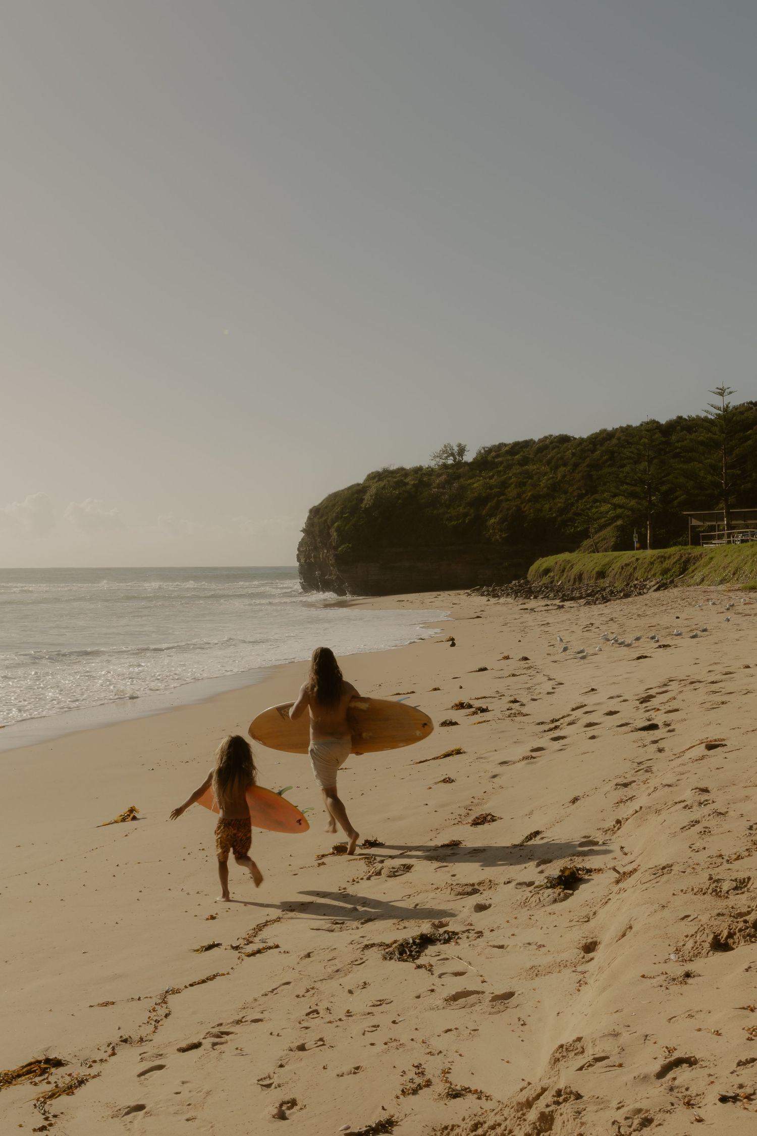 Two figures carrying surfboards walk along an empty tropical beach with lush vegetation.