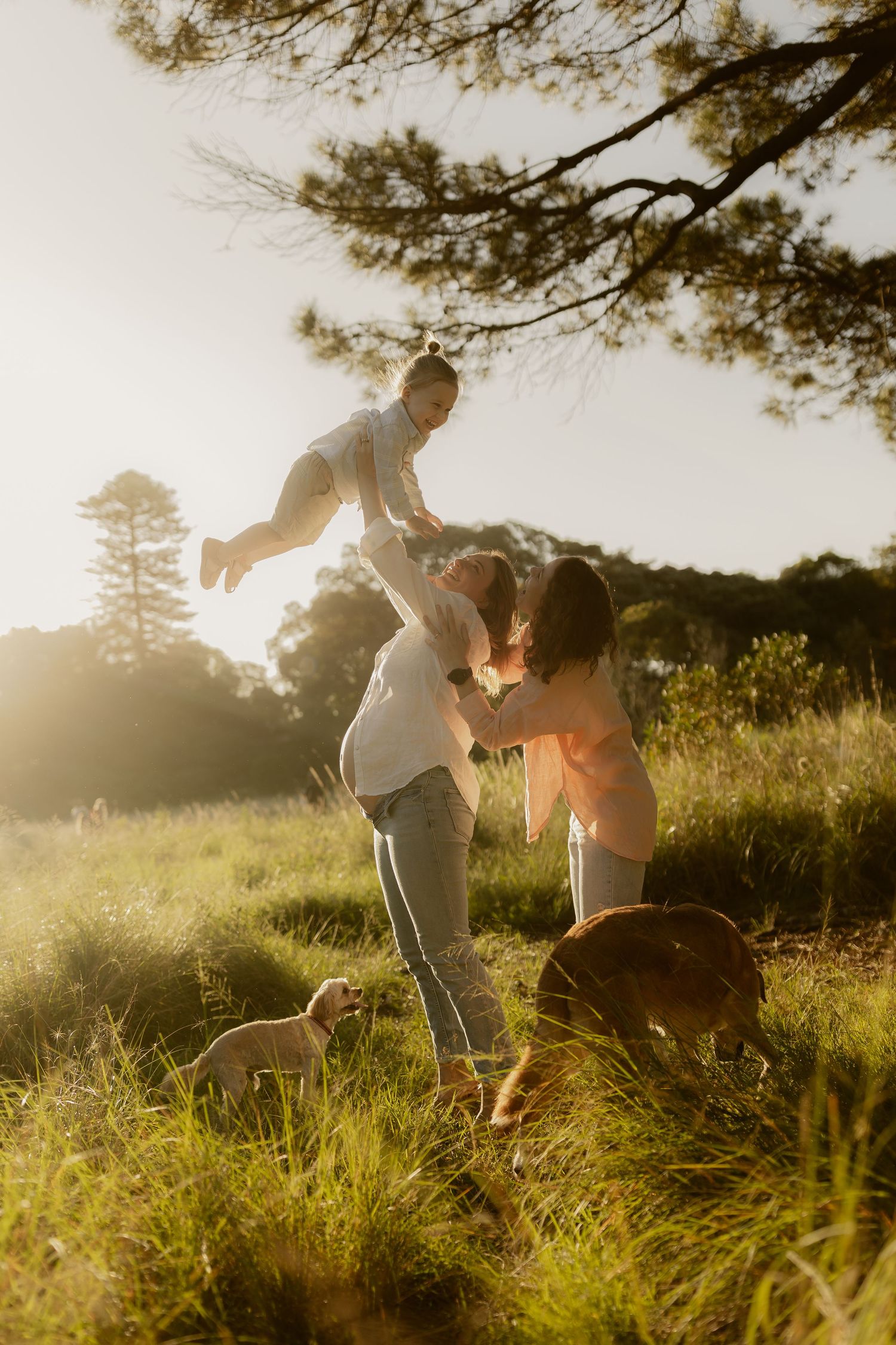 People playing and dancing together in a sunlit field during golden hour.