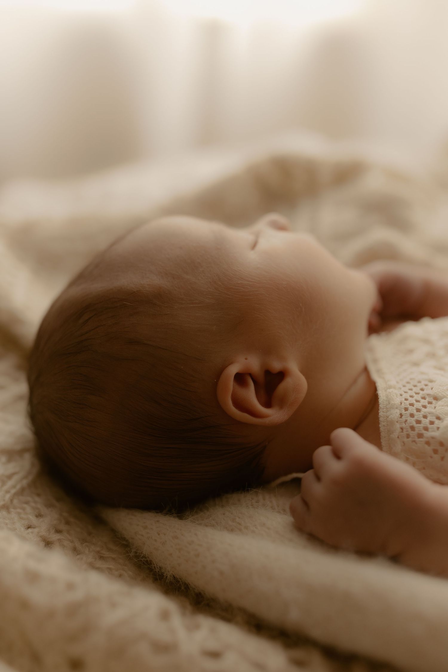 Close-up view of a sleeping newborn baby on soft cream colored blankets in natural light.