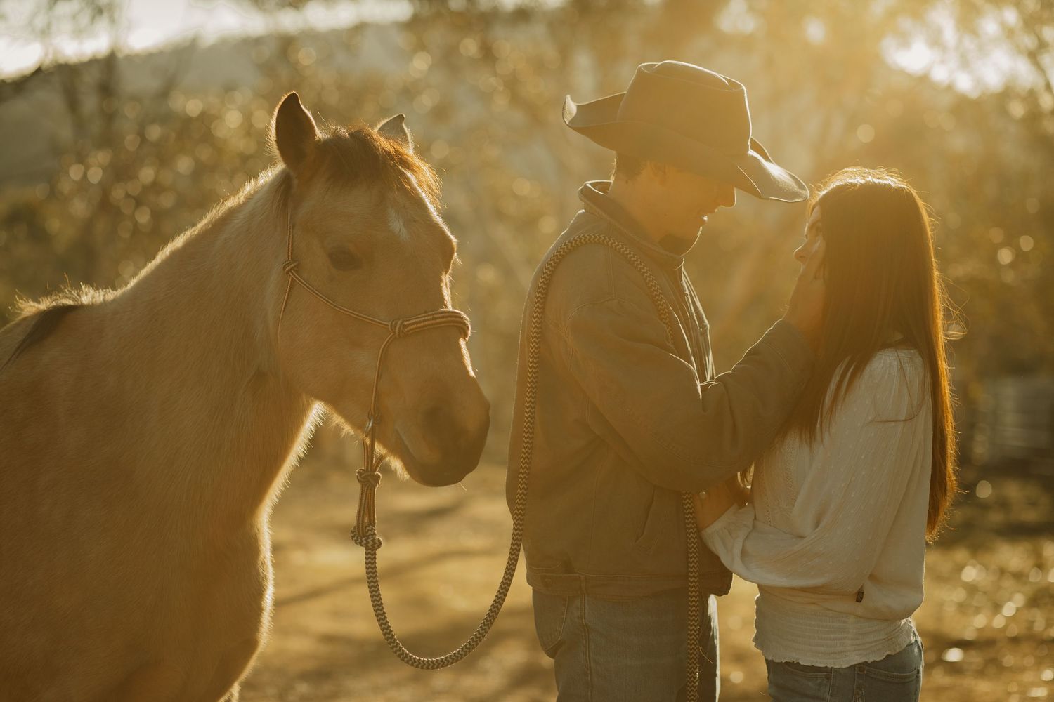 A horse and two figures stand together in warm sunset light on farmland.