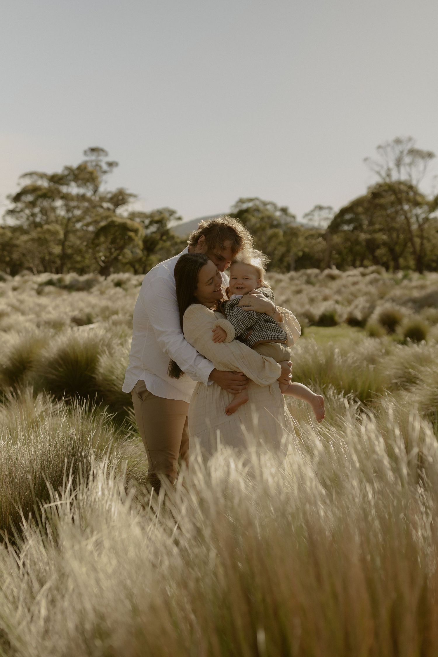 A tender family moment captured in golden sunlight amidst tall grass and eucalyptus trees in a natural setting.