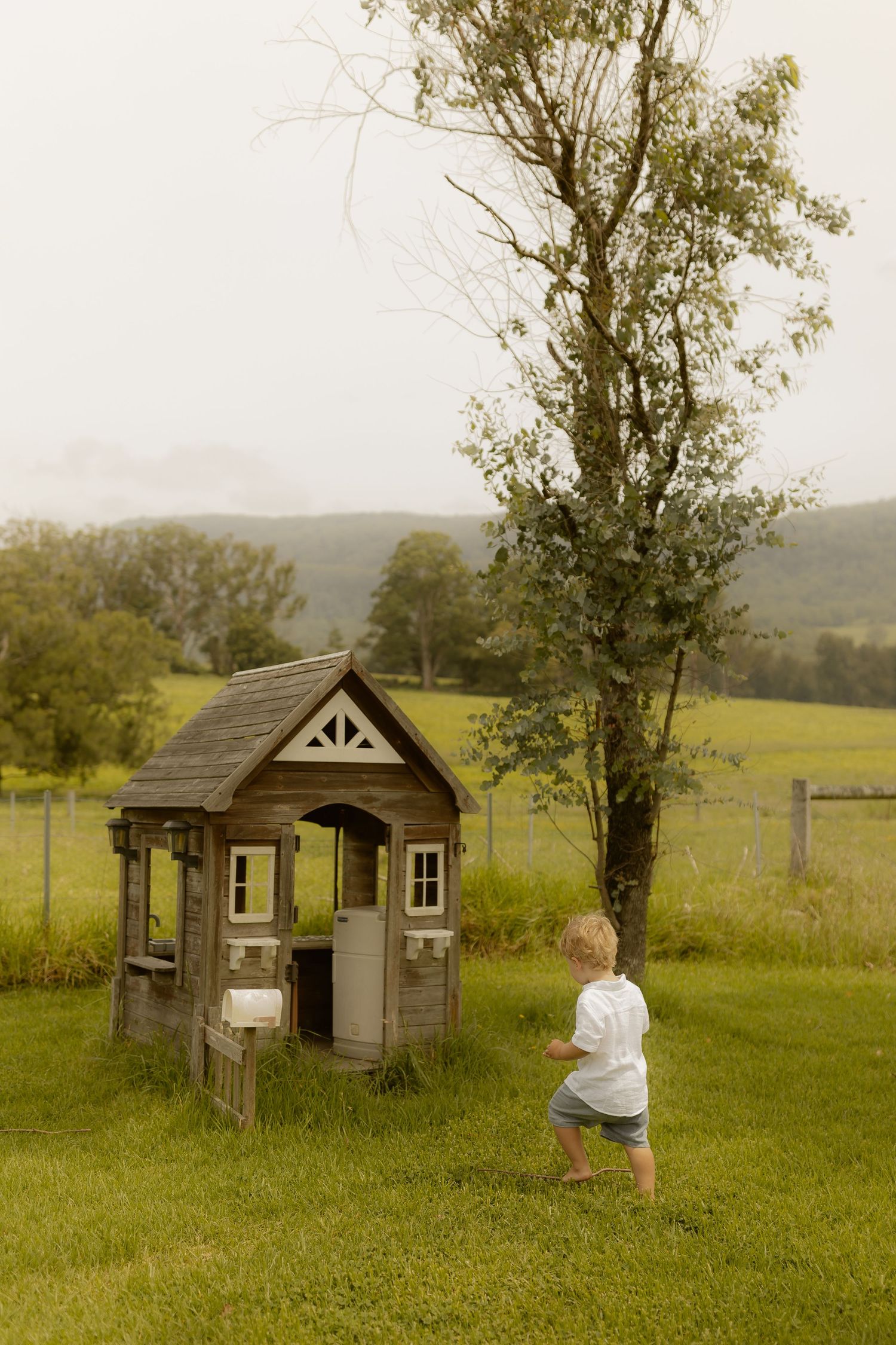 A small wooden playhouse sits in a grassy field surrounded by trees on a sunny day.