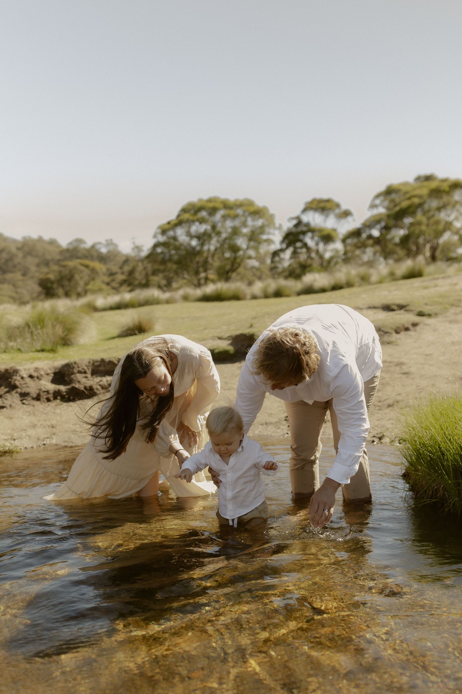 A family plays together in a shallow stream on a sunny day surrounded by natural scenery.