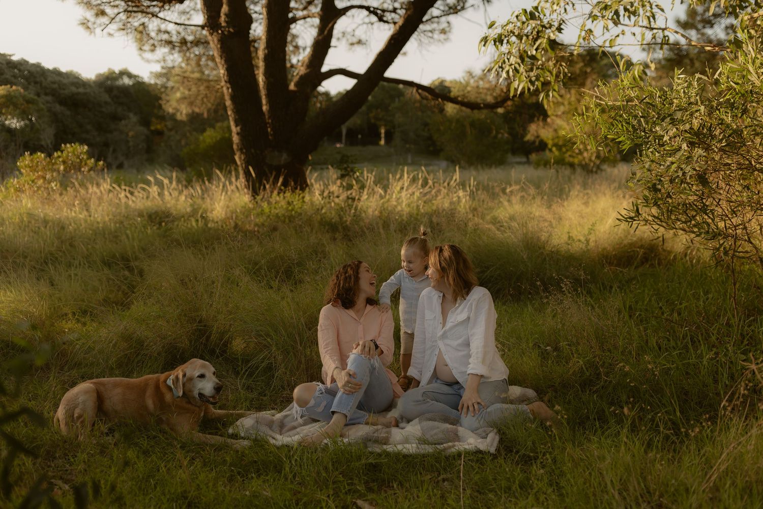 Dog and family relaxing on picnic blanket under trees during warm sunset in nature.