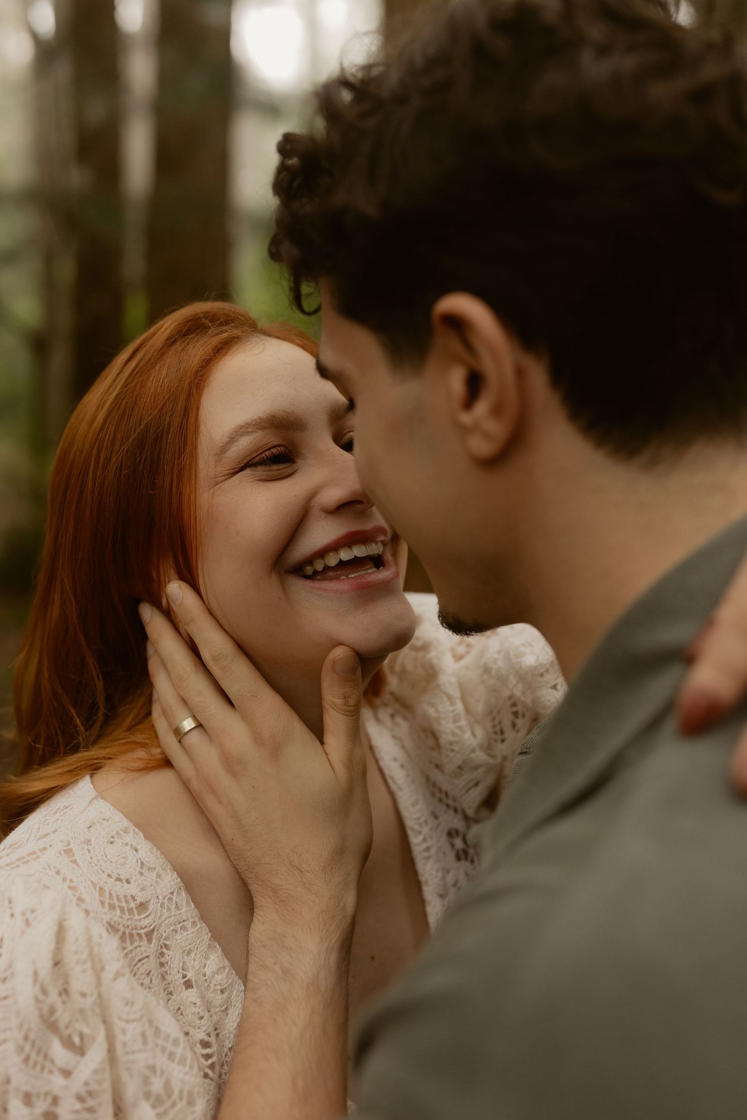 A romantic couple shares tender moments in a series of intimate close-up photographs.