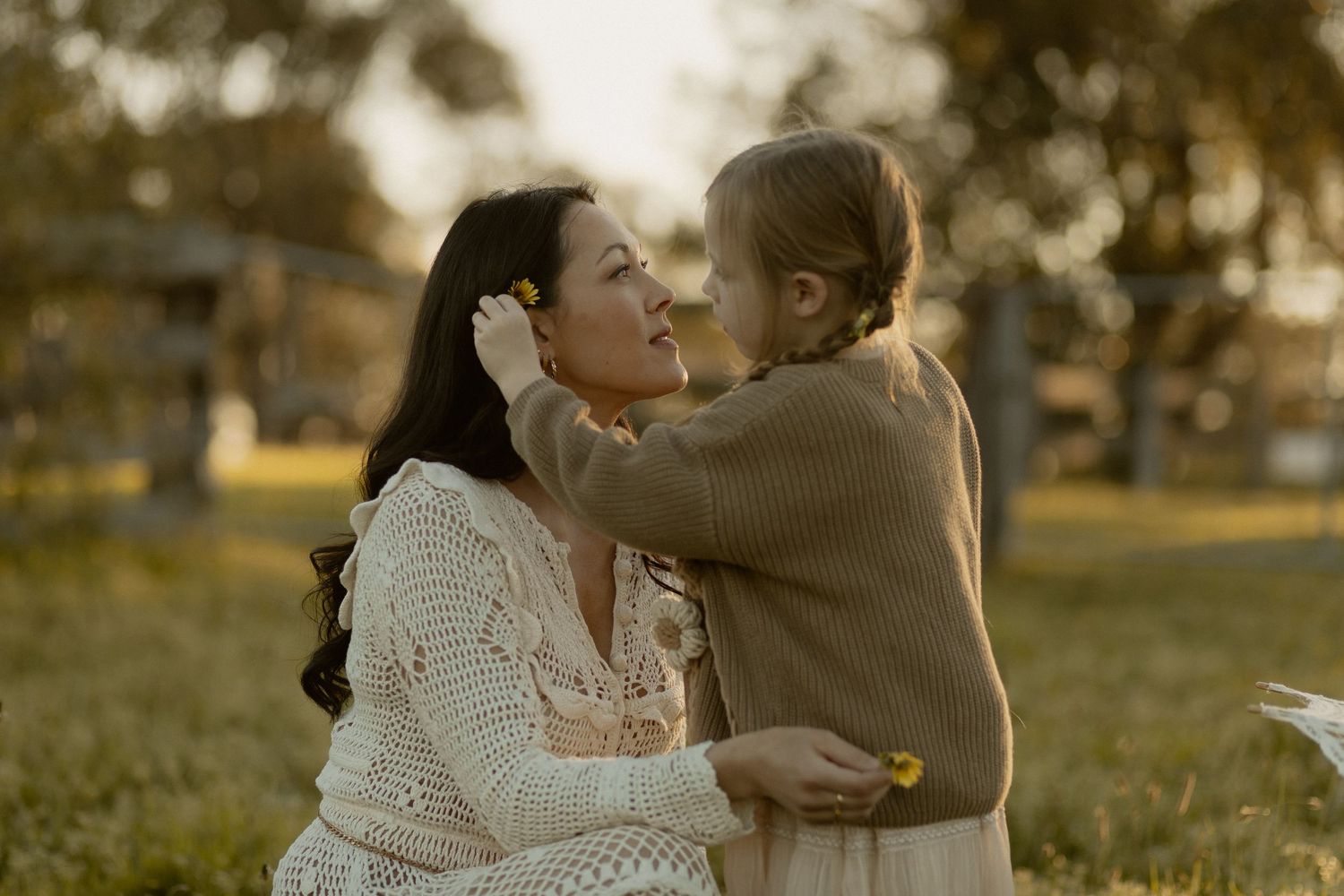 A tender embrace is captured in the warm glow of sunset light in an outdoor setting.