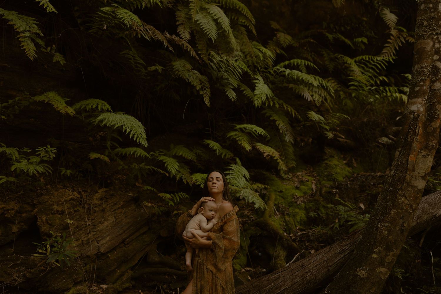 A person in a brown coat stands among lush green ferns in a moody forest setting.