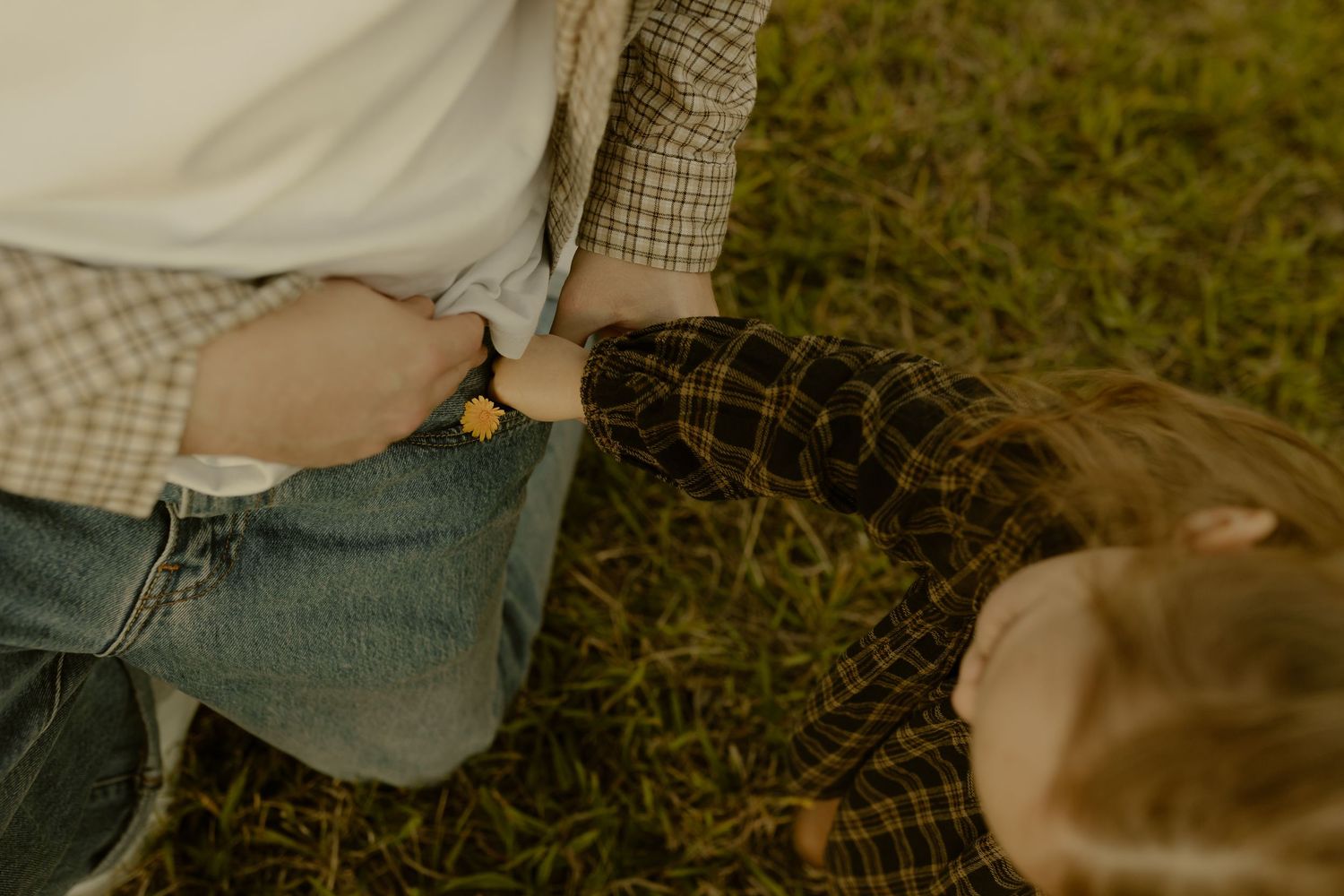 Child handing a small flower to an adult outdoors on green grass, both wearing plaid shirts in warm autumn tones.