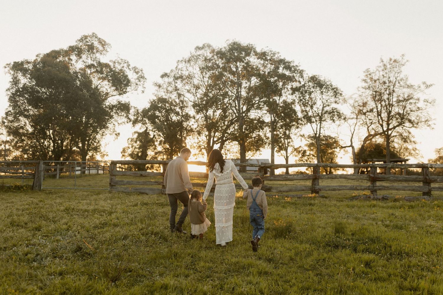 Family walks in golden sunlit pasture surrounded by trees at sunset.