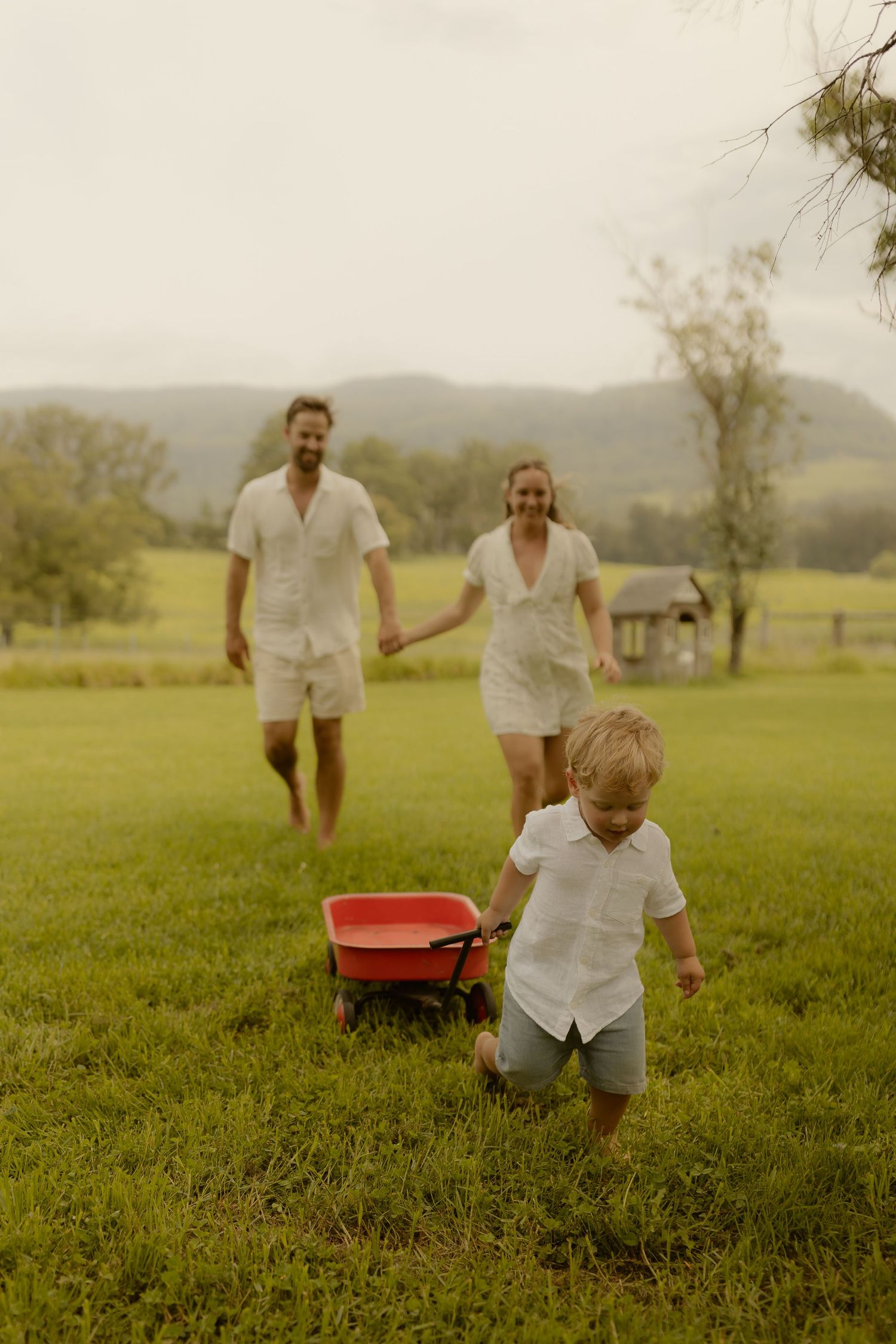 A family plays together in a grassy field with a red wagon on a warm summer day.