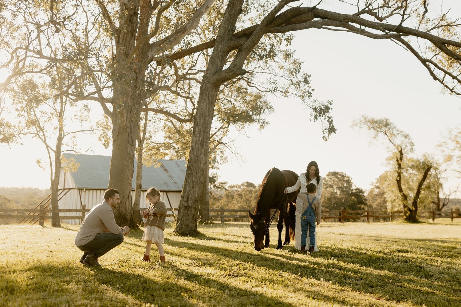 Family enjoying a golden sunset in a rustic farm setting with a horse and trees in the background.