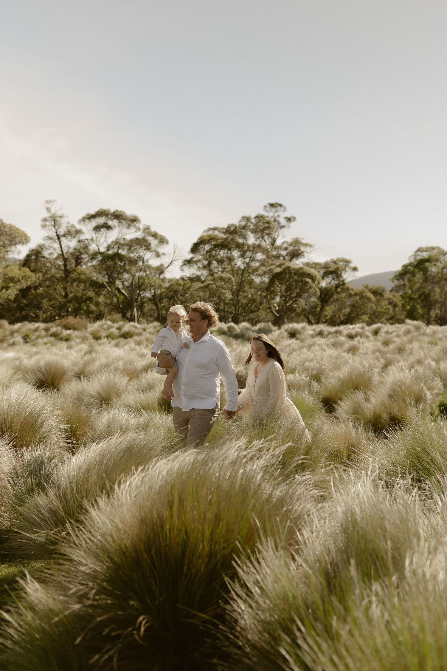 Group relaxing among flowing grass fields during golden hour with eucalyptus trees in the distance.