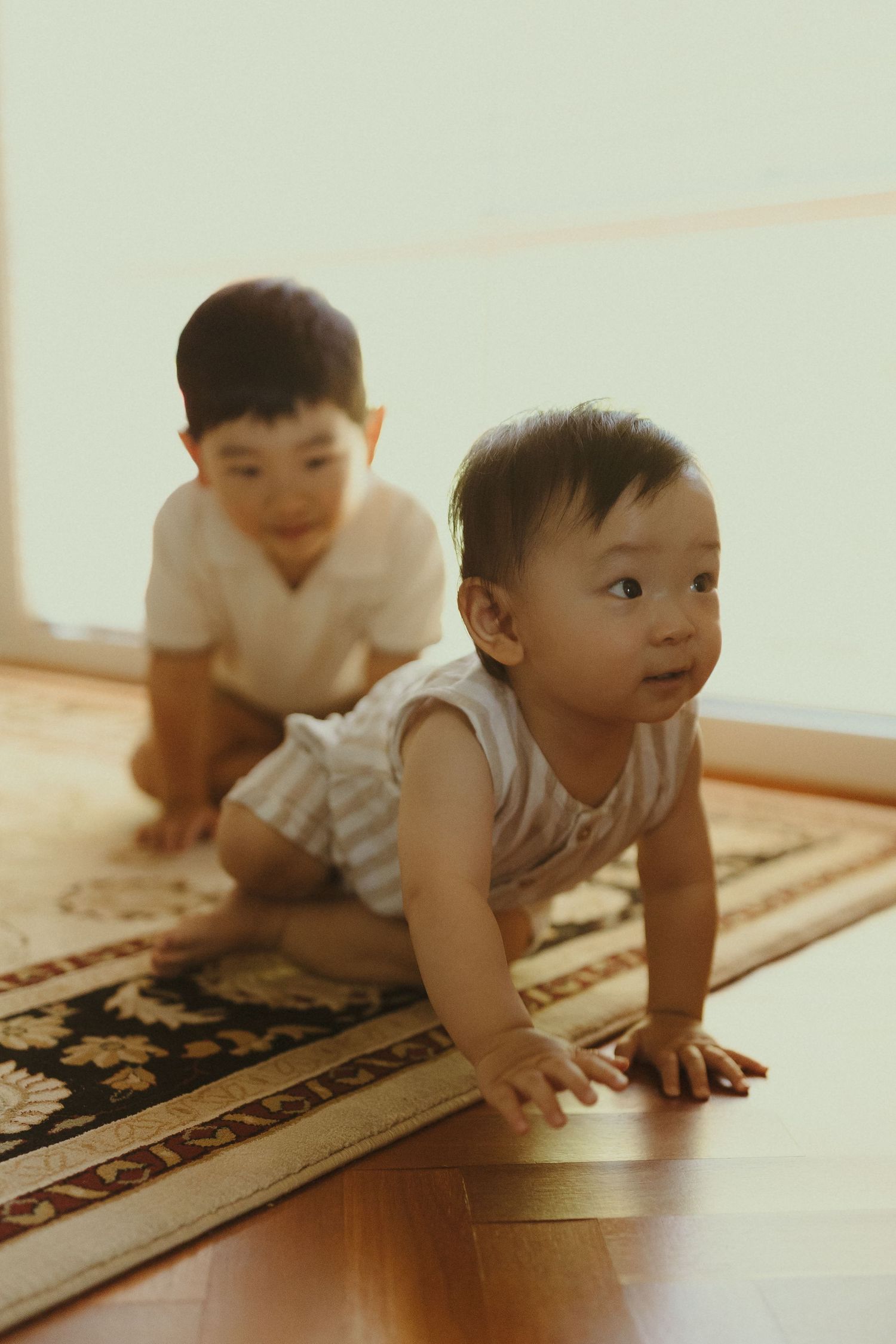 A baby crawls on a patterned rug during a lifestyle photography session.