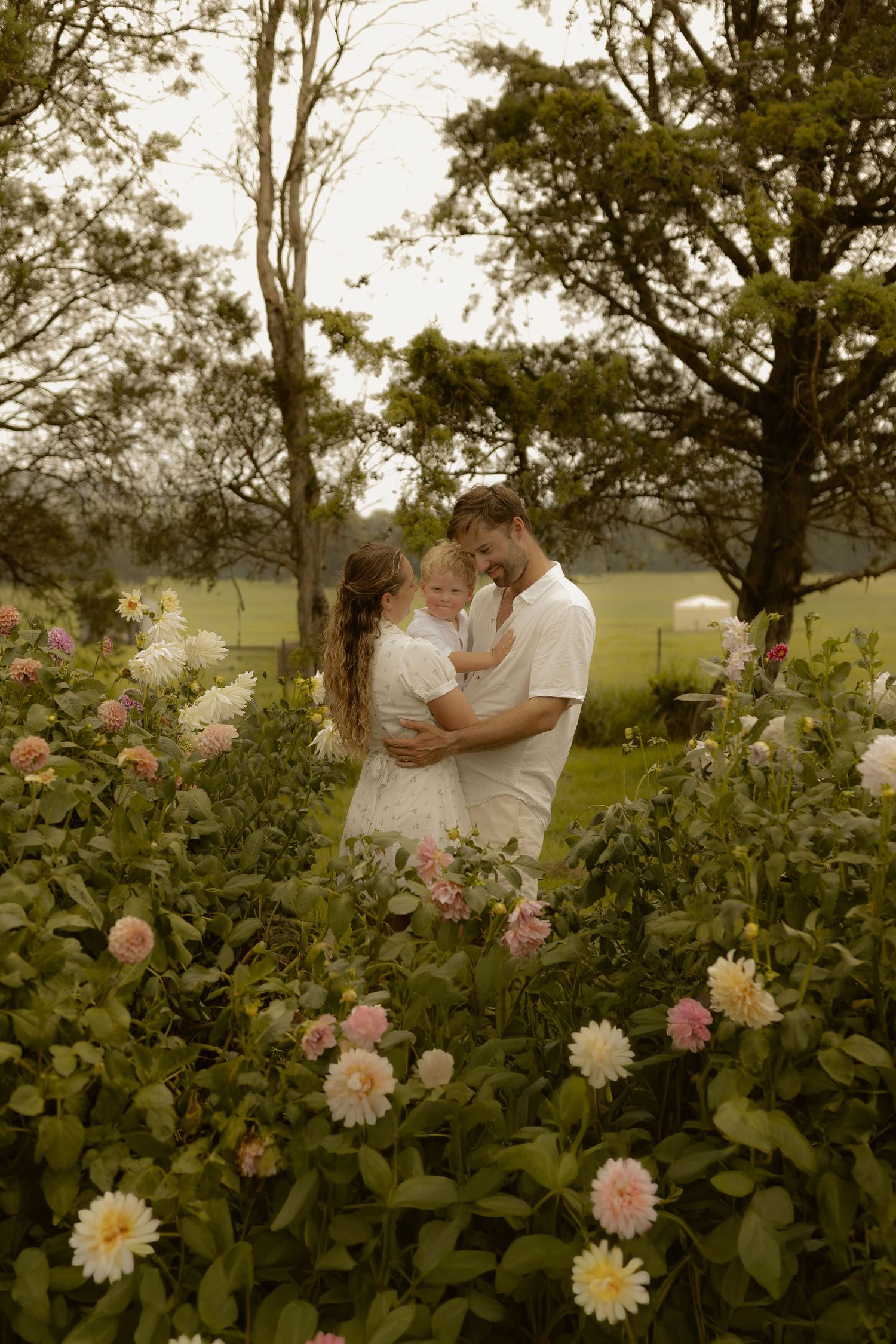 A romantic sequence among blooming dahlias and flowers in a garden with a dreamy vintage filter.